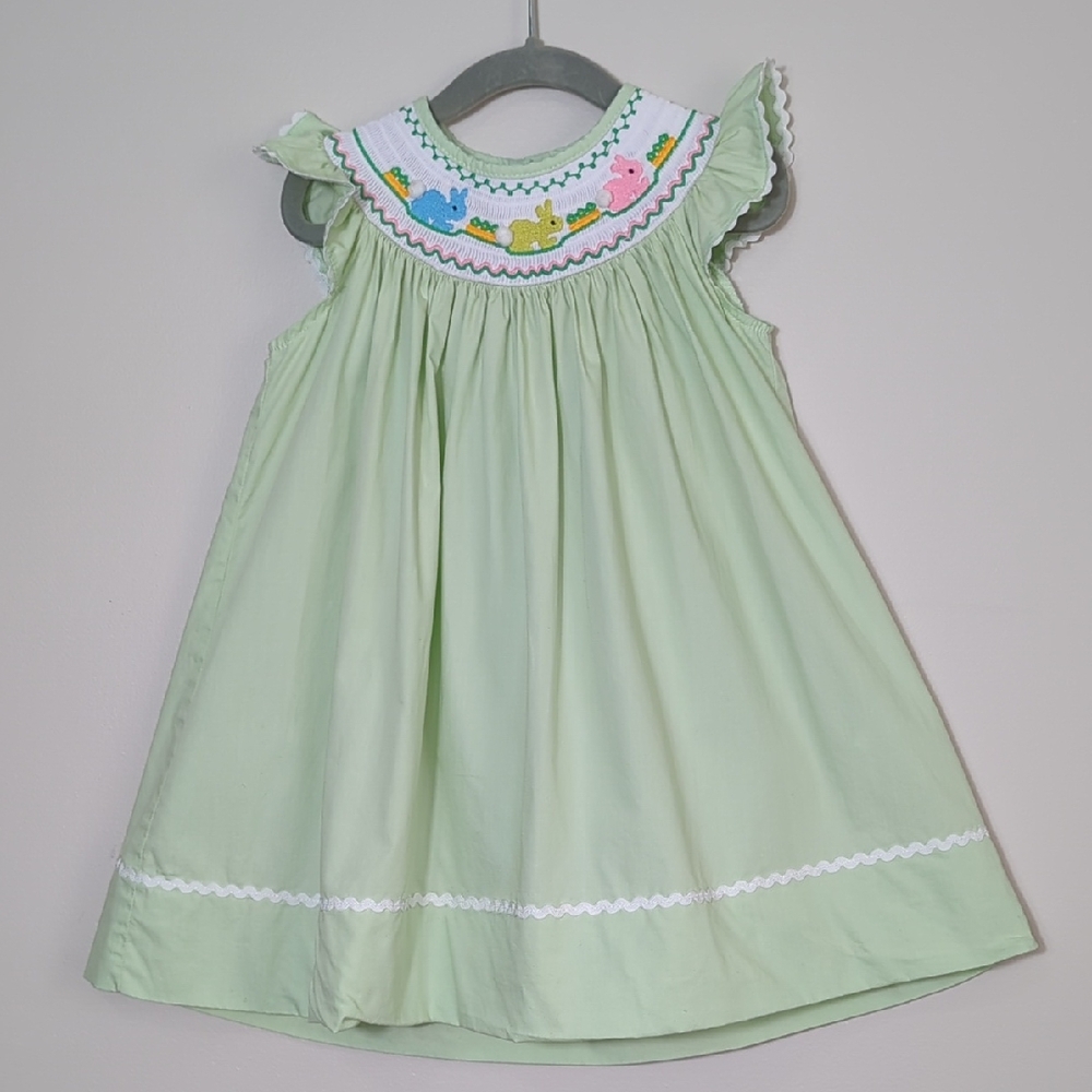 Lil Cactus Honeydew Green Bunny Smocked Bishop Dress‎ Toddler 2T Easter Church